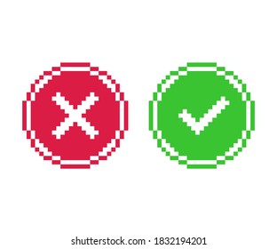 Pixel art 8-bit check mark and cross mark. Tick and cross sign. Circle shape YES and NO button. - isolated vector illustration	