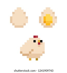 Pollo de pixel y huevos - ilustración vectorial aislada