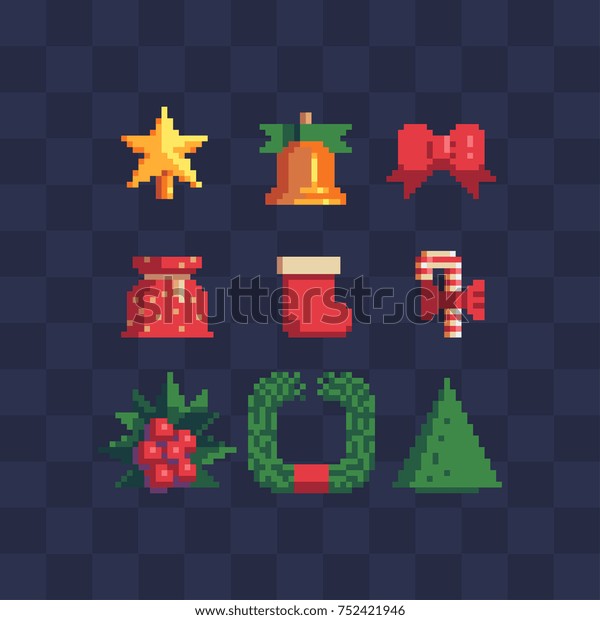 Pixel Art 8 Bit Weihnachtssymbole Set Set Von Stock Vektorgrafik Lizenzfrei