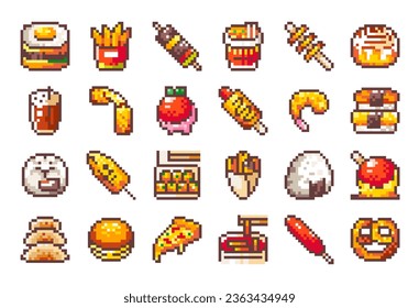 Pixel art 8bit Collection of Asian Street Food. Egg Burger, Sweet Potato, Skewer, Instant noodles, Fried Potato, Pastry Sweet Bun, Coffee, Cheese Stick, Seafood, Steam Dim Sum Bam Bao, Churros, Pizza.