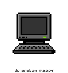 Pixel art 8-bit computer with keyboard old modern - isolated vector illustration