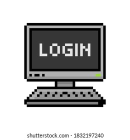 Pixel art 8-bit computer monitor with keyboard and text LOGIN modern icon - editable isolated vector illustration