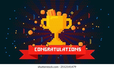 Pixel art 8-bit parabéns texto com um grande vencedor copo de ouro e moeda de ouro esmagadora para campeão em fundo azul.para ativos de jogo em ilustrações vetoriais.