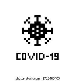 Pixel art 8-bit Coronavirus bacteria cell icon logo on white background COVID-19 text - isolated vector illustration