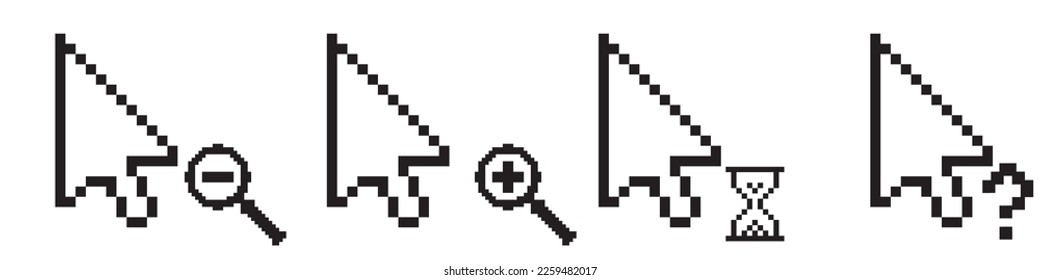 Pixel art 8-bit.Set of cursor, cursor and hourglass icons. Vector illustration.Dotted pop art illustration.Creative Vision Logotype concept. 