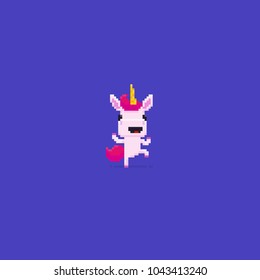 Pixel art 8-bit dancing happy unicorn with pink hair