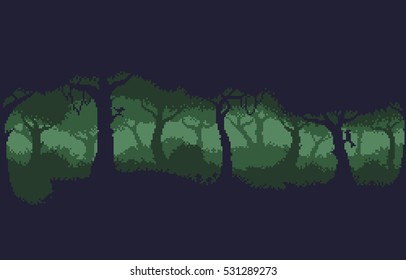 Pixel art 8-bit dark green forest background
