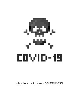Pixel art 8-bit death skull with COVID-19 text, quarantine - isolated vector illustration