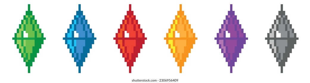 Pixel art 8-bit.Set de un píxel de diamantes y cristales
 de diferentes colores.Ilustración de arte pop con puntos.Concepto de Logotipo de visión creativa. 