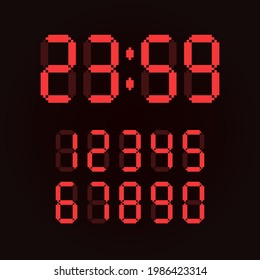 Pixel art 8-bit digital reloj de número establecido. Tipo de dígito para la ilustración vectorial aislada