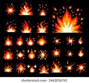 Pixel art 8-bit fire flames, explosion flashes and cartoon sparks, isolated on black background. Burst animation for retro video game design.