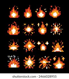 Pixel art 8-bit fire flames, explosion flashes and cartoon sparks set, isolated on black background. Burst animation for retro video game design.