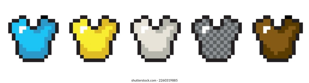 Pixel art 8-bit.Set of five pixel armor elements for games, websites, design and more. Vector illustration.Dotted pop art illustration.Creative Vision Logotype concept. 