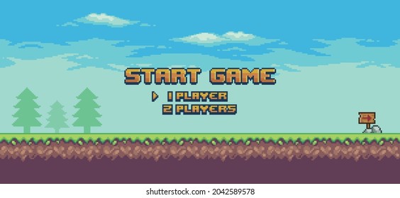 Pixel Art 8bit Game Home Screen. Landscape Game Background