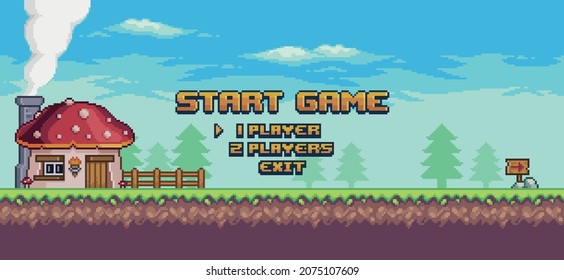 Pixel art 8bit game home screen. Landscape start game background