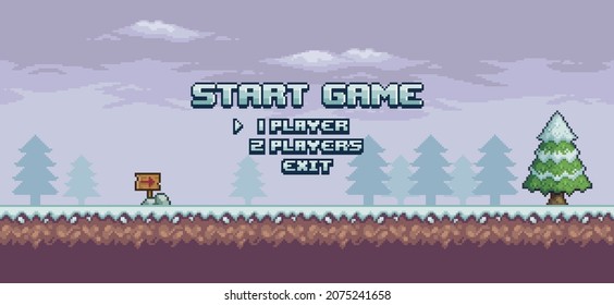 Pixel art 8bit game home screen. Landscape snow start game menu background