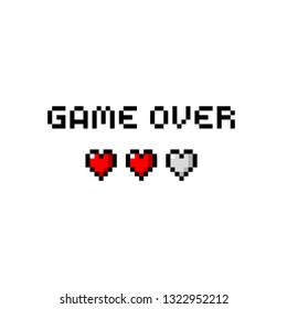 Pixel art 8-bit game over text with three hearts - isolated vector illustration