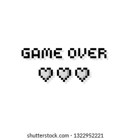 Pixel art 8-bit game over text with three hearts - isolated vector illustration