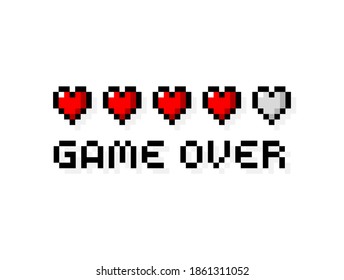 Pixel art 8-bit game over text with five hearts - isolated vector illustration