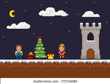 Pixel art 8-bit game scene. New Year background with a Christmas tree, gifts, a princess,