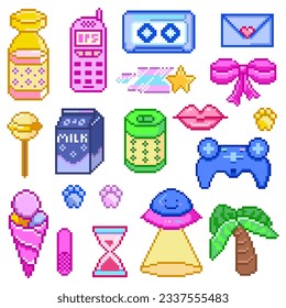 Pixel art 8-bit сute gaming clip art pack objects. Retro digital game assets. Set of Pink fashion icons. Vintage video game. Arcade Computer video