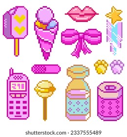 Pixel art 8-bit сute gaming clip art pack objects. Retro digital game assets. Set of Pink fashion icons. Vintage video game. Arcade Computer video