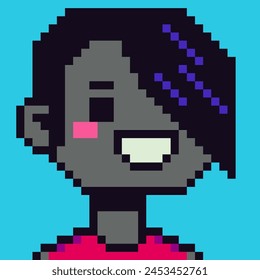 Pixel art 8-bit girl female character, cartoon vector icon, avatar, game user or web profile person, people, social net portrait, young African American woman face, minimalistic vector