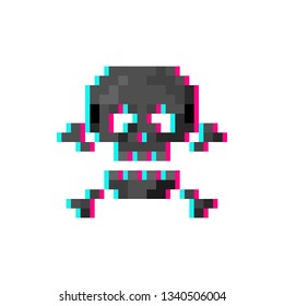 Pixel art 8-bit glitch skull with crossbones - isolated vector illustration