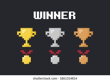 Pixel art 8-bit gold, silver and bronze winner cups and medals - editable isolated vector illustration