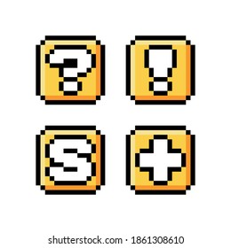 Juego de cajas de oro de 8 bits con arte de píxeles. Marca de pregunta, signo de exclamación, letra S e iconos de signo más - ilustración de vector editable