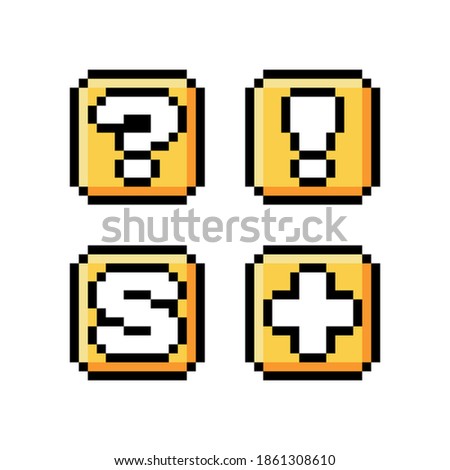 Pixel art 8-bit golden boxes set. Question mark, exclamation mark, letter S and plus sign icons - editable vector illustration