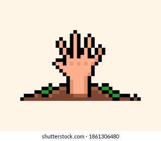 Pixel art 8-bit Hand coming out of ground. Never give up - editable vector illustration	