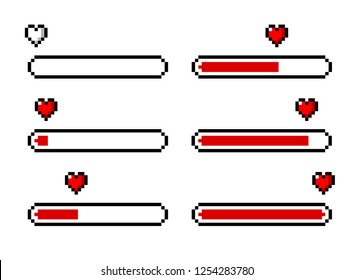 Pixel art 8-bit heart/love loading set - isolated vector illustration