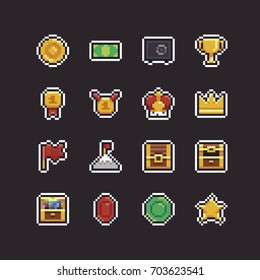 Pixel Art 8bit Icons With Different Rewards: Coin, Golden Cup, Crown, Flag On Top, Gems And Star