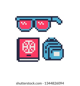 Pixel art 8-bit icons set, glasses, passport, backpack, design for logo, sticker, app, web, badges and patches. Isolated vector illustration.  