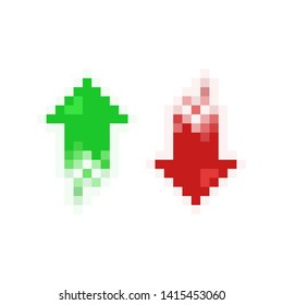 Pixel art 8-bit increase and decrease arrows set red and green - isolated vector illustration