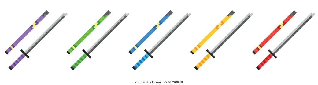 Pixel art 8-bit.Set of katanas of different colors.Dotted pop art illustration.Creative Vision Logotype concept.