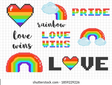 Pixel art 8bit LGBT pride rainbow color elements and phrases. Vector love wins concept. Gay pride celebration