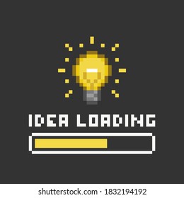 Lámpara de luz de 8 bits de arte de píxeles y barra amarilla de carga de ideas sobre fondo negro - ilustración de vector aislada editable