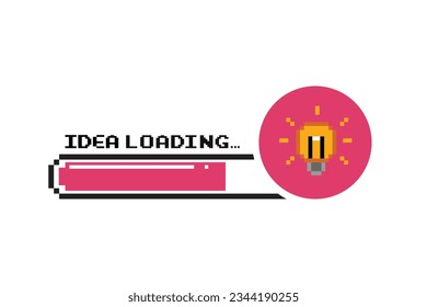 Pixel art 8-bit light bulb and idea loading red bar on white background