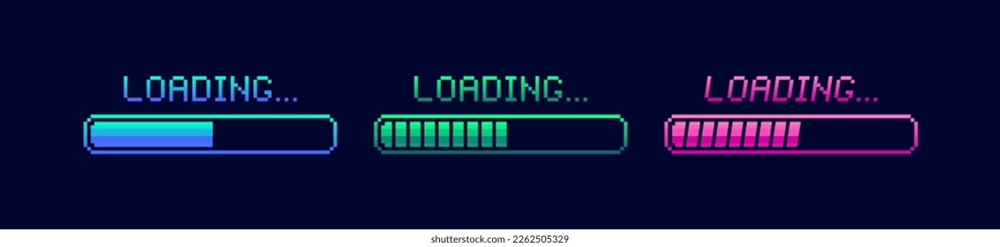 Pixel art 8-bit loading bar isolated on dark background. Loading or Installing process. Vector illustration.