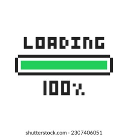 Pixel art 8-bit loading bar 100 percent. Pixel loading green bar isolated on white background. Loading concept or Installing process. Vector illustration.