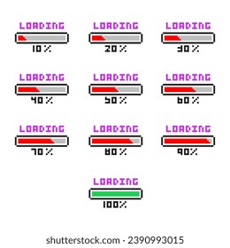 Pixel art 8-bit loading bar set. Pixel loading bars with different scale fulfillment isolated on white background.