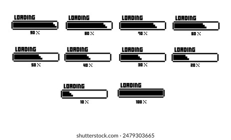 Pixel art 8-bit loading bar concept. Loading icons set.Load bar collection. loading icons on white background.	