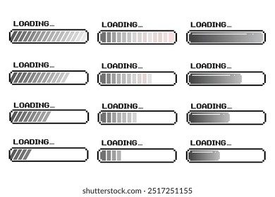Pixel art 8-bit loading bar concept. Loading icons set. Load bar collection. loading icons on white background.