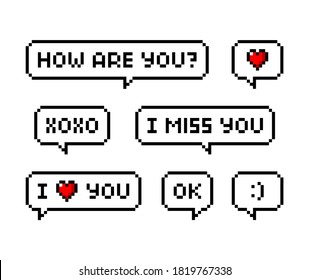 Pixel art 8-bit Love phrases set with speech bubble. I love you, miss you, xoxo, smile, kiss. Relationship - isolated vector illustration