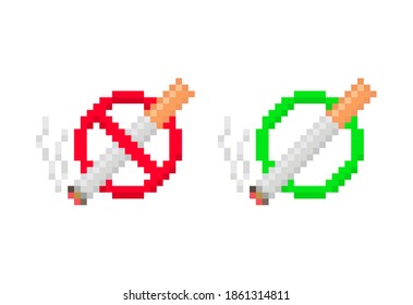 Pixel art 8-bit No fumar. Icono de signo prohibido. Detener paro permitido, no se prohíbe el fondo blanco - ilustración de vector aislable editable