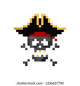 Pixel art 8-bit pirate human skull with tricorn
 - isolated vector illustration