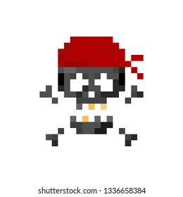 Pixel art 8-bit pirate human skull with 
red bandage - isolated vector illustration