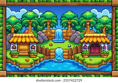 Pixel Art 8-bit Platformer Game in Jungle Landscape with Waterfall Huts 